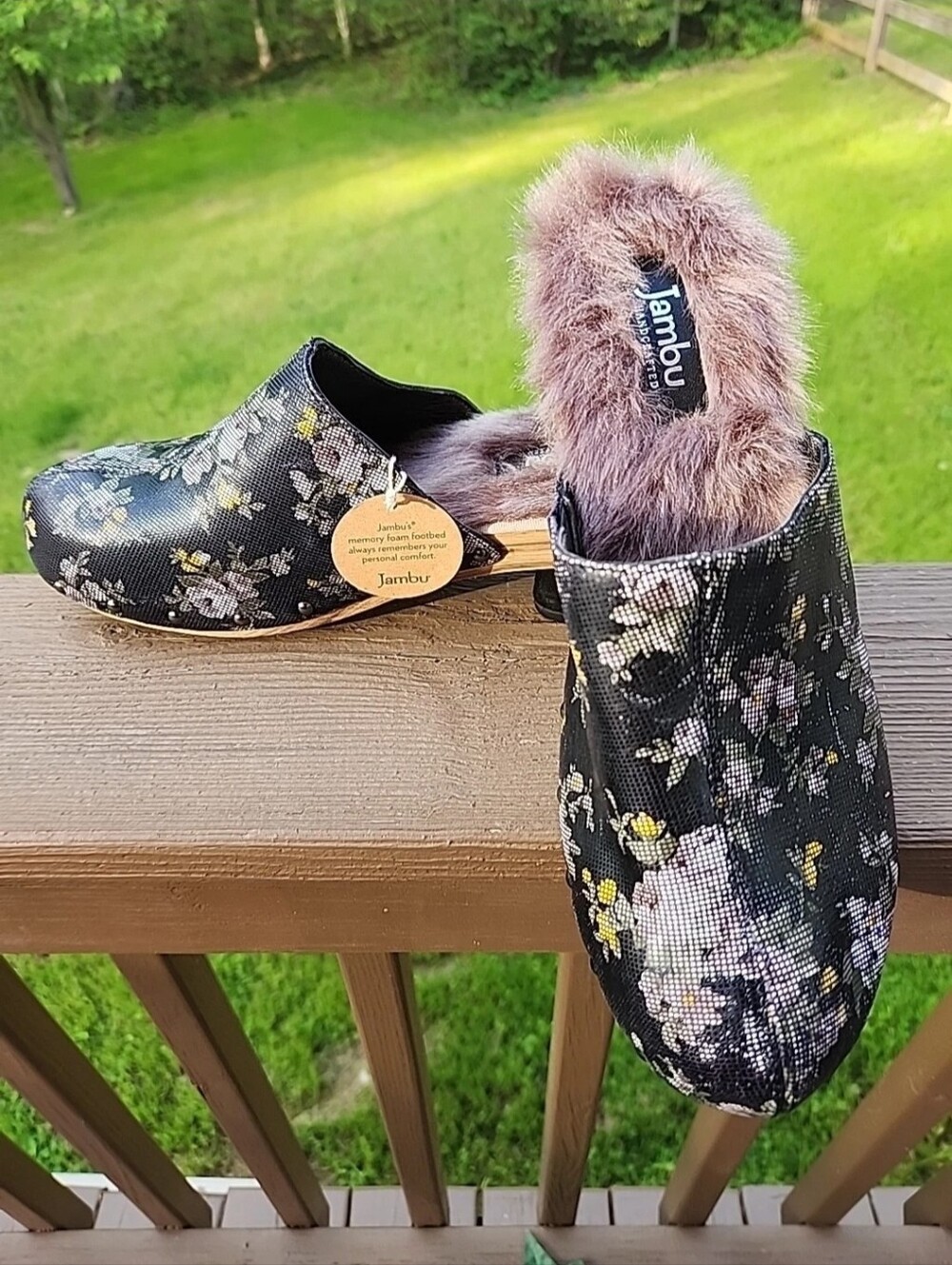 NEW Jambu Monaco Floral Leather Mule Clogs Dark Navy Black Faux Fur Lined 8.5